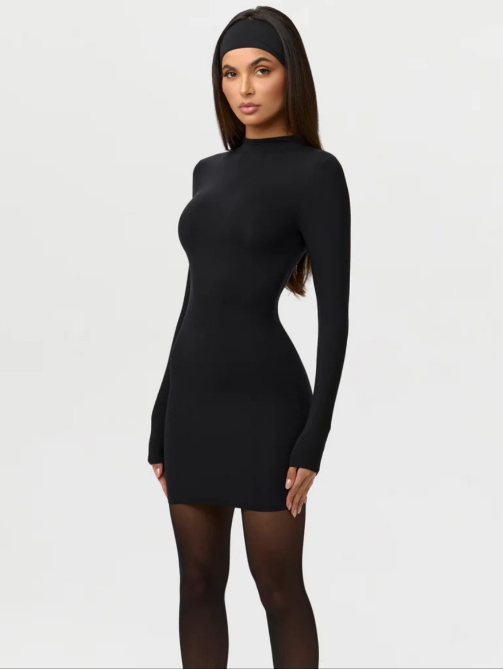 Naked Wardrobe Mock Neck Black Long Sleeve Ribbed Stretch Bodycon Dress
